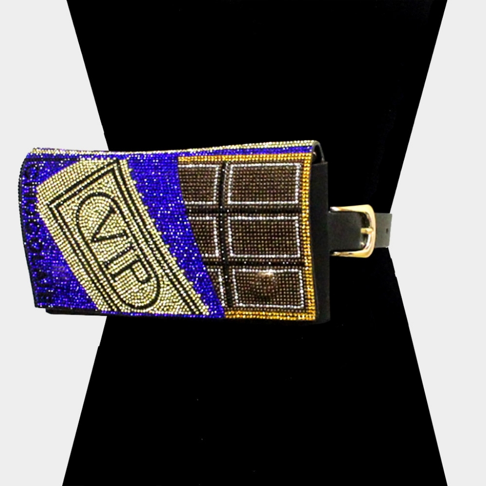 Blue VIP Chocolate Bar Card Gold Crystal Rhinestone FannyPack Belt Purse Bag